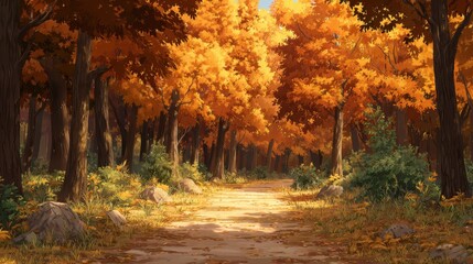 Obraz premium Autumn Forest Path Golden Leaves Sunlight Trees Nature Scenery,