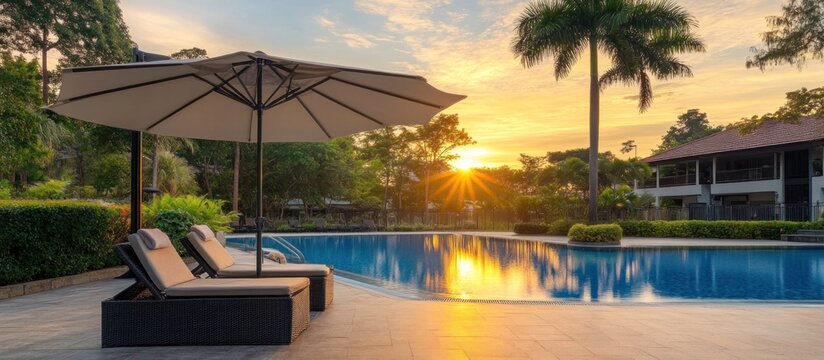 Beautiful luxury umbrella and chair around outdoor swimming pool in hotel and resort with coconut palm tree on sunset or sunrise sky