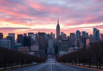 Naklejka premium Stunning New York City skyline at dawn, empty streets, abundant copy space, concrete jungle, morning