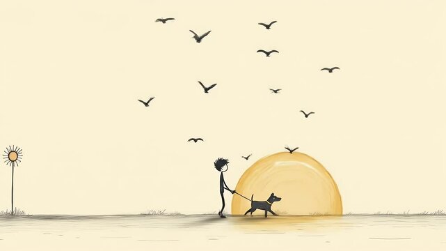 Stick Figure Man Walking Dog Animation at Beach Sunset with Flying Birds in a Loopable Scene