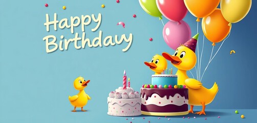Fototapeta premium Vibrant cartoon ducks celebrating with balloons & cake Happy Birthday typography, birthday backdrop, sweet