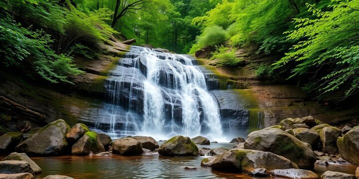 Upper Copeland Falls cascading over rocks, lush green foliage, outdoors, leaves