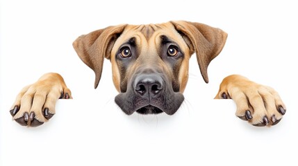 Obraz premium Adorable puppy peeking over white sign, paws on edge, curious expression.