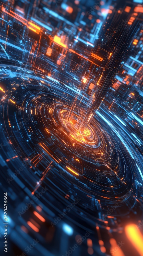Poster abstract futuristic technological structure with glowing circuitry and concentric rings
