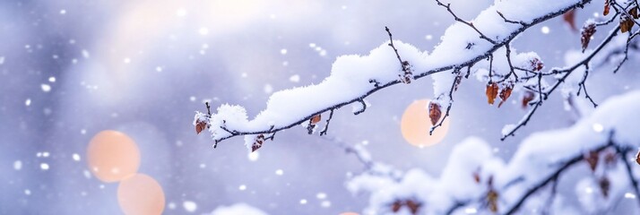 Snow-covered branch with falling snowflakes and blurred bokeh background.