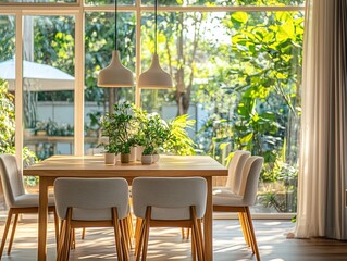 Fototapeta premium Sunlit dining room with wooden table, white chairs, and lush garden view.