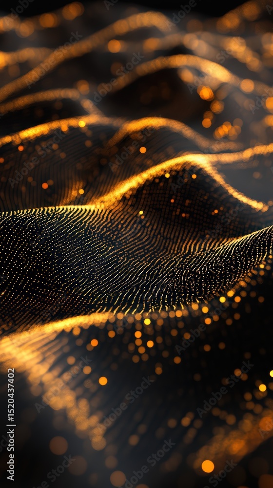 Poster abstract golden particles flowing on dark wavy surface in a mesmerizing display