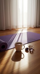 A pristine lavender yoga mat unrolled on a wooden floor at sunrise, with a steaming cup of herbal tea, meditation crystals, and soft sunlight streaming through sheer curtains