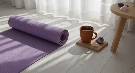 A pristine lavender yoga mat unrolled on a wooden floor at sunrise, with a steaming cup of herbal tea, meditation crystals, and soft sunlight streaming through sheer curtains