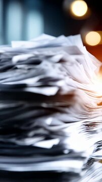 Overwhelming stack of paperwork on a desk showcasing document overload and a heavy workload in a modern office setting with blurred background