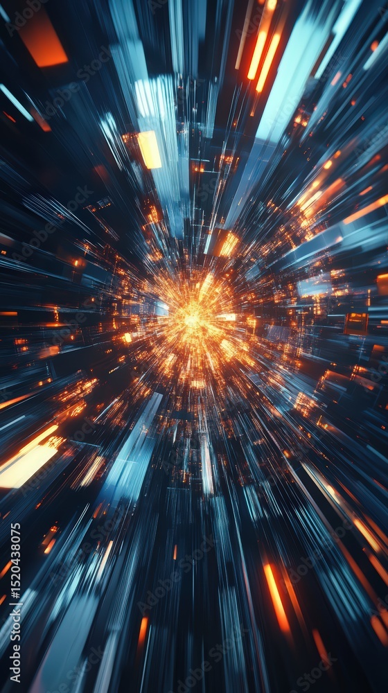 Poster abstract luminous digital pathways, converging geometric shapes in dynamic composition