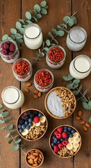 Overhead view of a rustic table filled with organic superfoods: açai bowls, chia pudding, goji berries, and almond milk in glass jars, styled with eucalyptus leaves