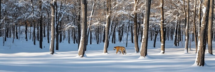 Lone tiger walking through a snowy winter forest.