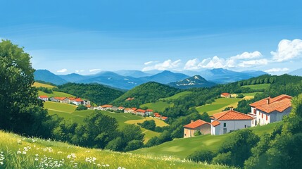Idyllic village nestled in lush green hills and mountains under a vibrant blue sky.