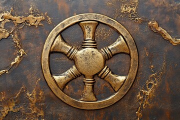 Ornamental golden dharma wheel on a textured metal surface with detailed design