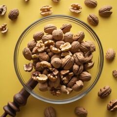 Fototapeta premium inviting organic snack bowl with nuts on vibrant yellow surface