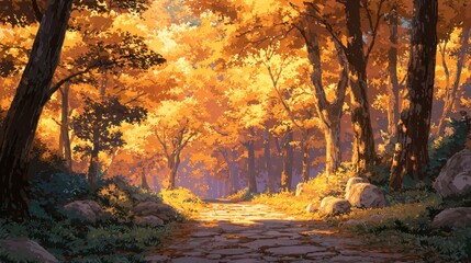 Golden Autumn Forest Path Sunlight Dappled Trees Rocks