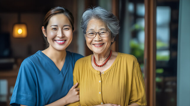 Elderly Asian woman smiling and happy next to young Asian female caregiver, senior home care concept