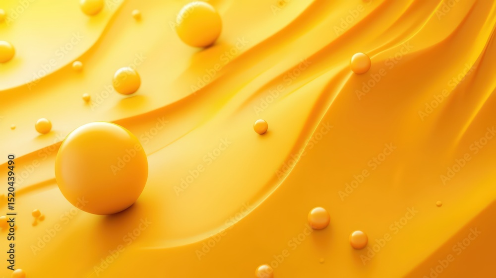 Poster abstract rendering of smooth, flowing golden waves with scattered spheres