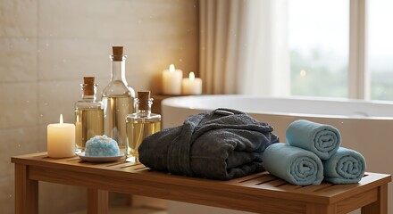 A luxurious spa scene with rolled towels, bamboo bath salts, flickering candles, and a robe on a teak bench, soft focus on water droplets on glass bottles
