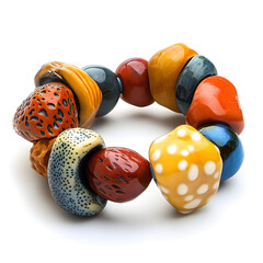 Bold bracelet with an irregular mix of oversized beads and textures, unique style, isolated on white background.