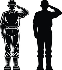Silhouette of a soldier saluting with detailed and simple versions