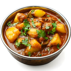 Bowl of potato curry with rich spices and vibrant color, isolated on white background.