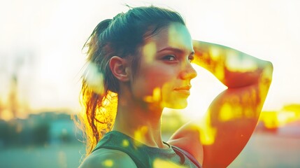 Woman in profile, thoughtful pose, with sun-dappled light effects.
