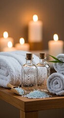 A luxurious spa scene with rolled towels, bamboo bath salts, flickering candles, and a robe on a teak bench, soft focus on water droplets on glass bottles