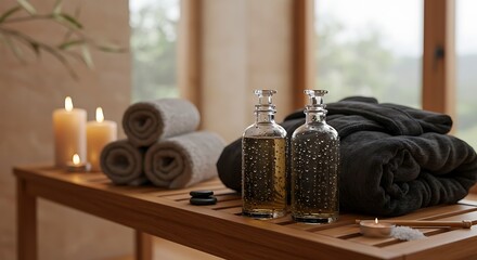 A luxurious spa scene with rolled towels, bamboo bath salts, flickering candles, and a robe on a teak bench, soft focus on water droplets on glass bottles