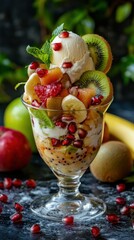 Blended Fruit salad with kiwi, banana, apple, pomegranate and other fruits with Vanilla ice cream