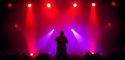 Dark stage silhouette, microphone, spotlight, hip hop concert, dark, texture