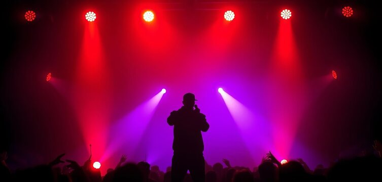 Dark stage silhouette, microphone, spotlight, hip hop concert, dark, texture