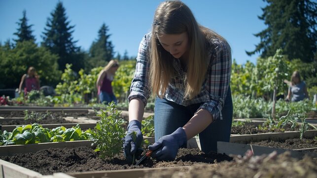 Young woman plants seedlings in a community garden with other people in the background on a sunny day.