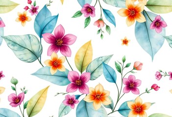 Delicate watercolor leaf and flower pattern, seamless repeat on white, flower, leaf