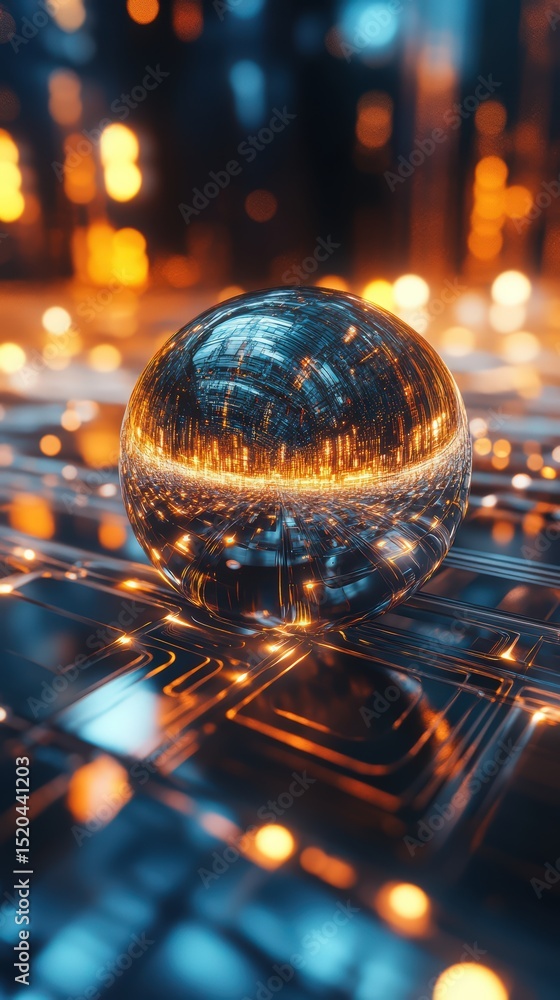 Poster Abstract technological sphere reflecting circuit patterns and luminous bokeh points