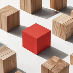 vibrant red cube amidst wooden blocks composition illustration