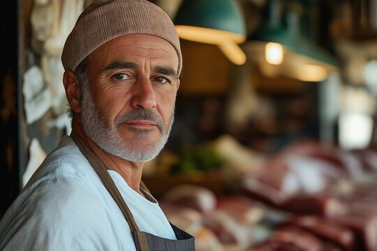 Skilled Butcher at Local Meat Market. Portrait of a Smiling Chef Providing Fresh Artisan Cuts