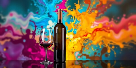 Elegant wine bottle and glass, vibrant abstract splash background, object, copy space