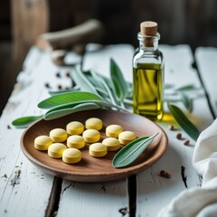 serene wellness concept with pills, olive oil, and plate
