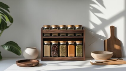 enchanting wooden shelf with jars and spoon in rustic kitchen decor