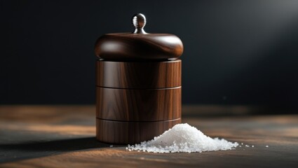 serene salt shaker with wooden lid and pile of salt