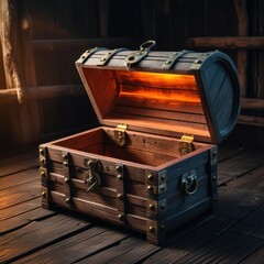 enchanting glowing wooden chest with warm light inside
