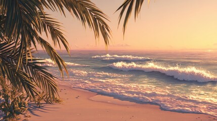 Serene Sunset Beach Palm Trees Ocean Waves Sand