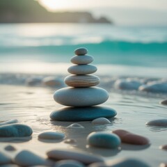 serene balance: tranquil stone stack on beach with waves