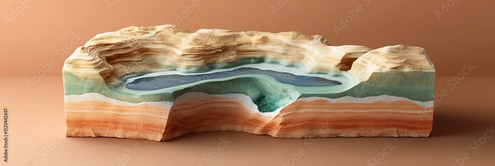 Poster abstract cross-section of layered rock formation with an embedded lake.