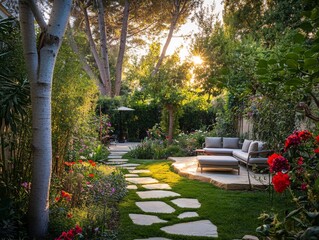 Serene garden path leads to a relaxing patio seating area bathed in golden sunset light.