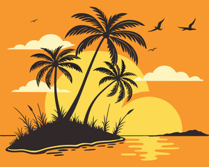 Fototapeta premium Tropical island scene with palm trees sunset birds and water reflection in a flat design.