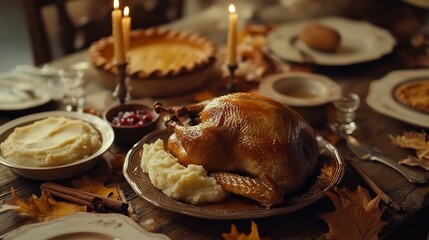 Roasted turkey centerpiece on a rustic Thanksgiving table with mashed potatoes, pies, and candles.