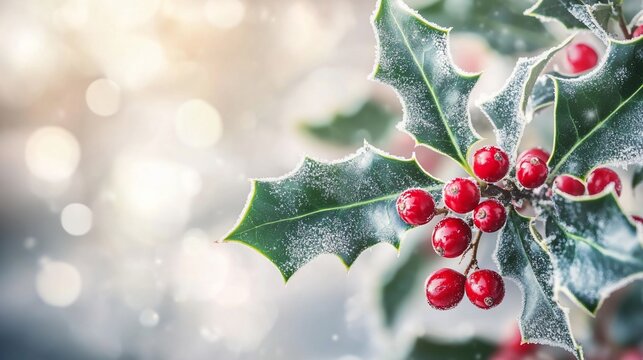 Close-up of a frosty holly branch with red berries against a blurred winter background.